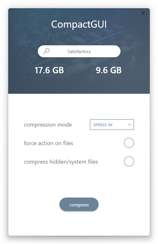 Compact GUI compression results with before and after size comparison