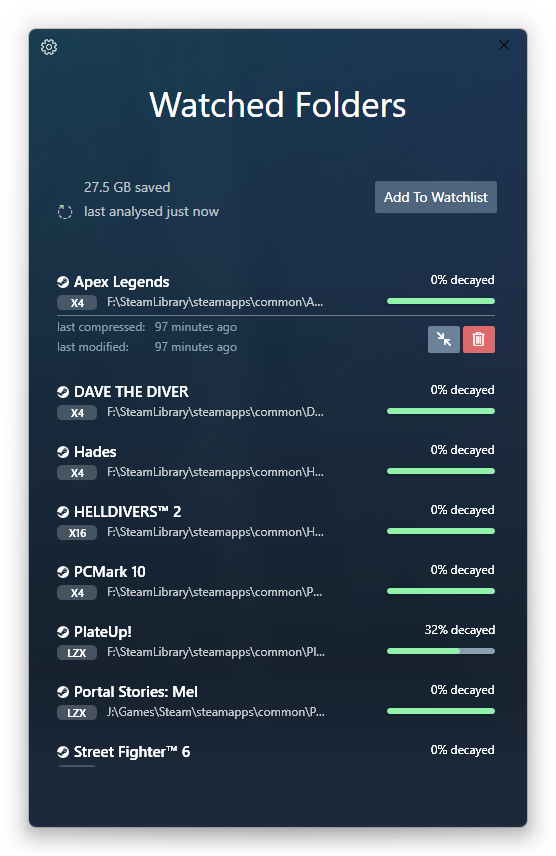 Compact GUI analyzing game folder with compression statistics