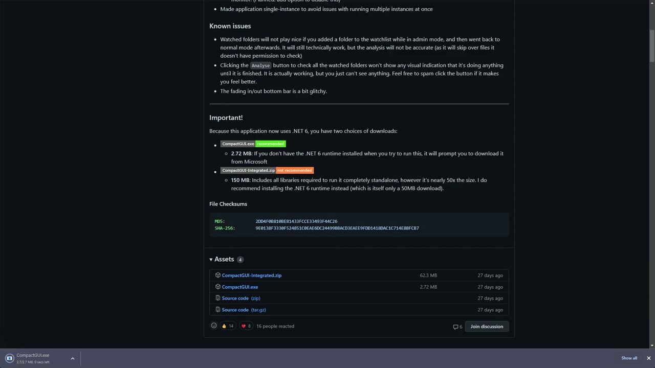 Compact GUI GitHub releases page showing download options