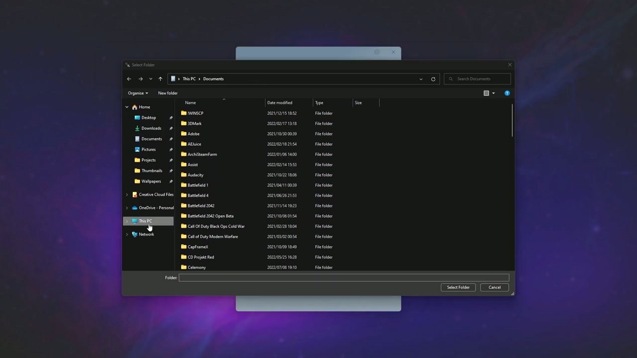 Compact GUI folder selection dialog browsing to a game directory