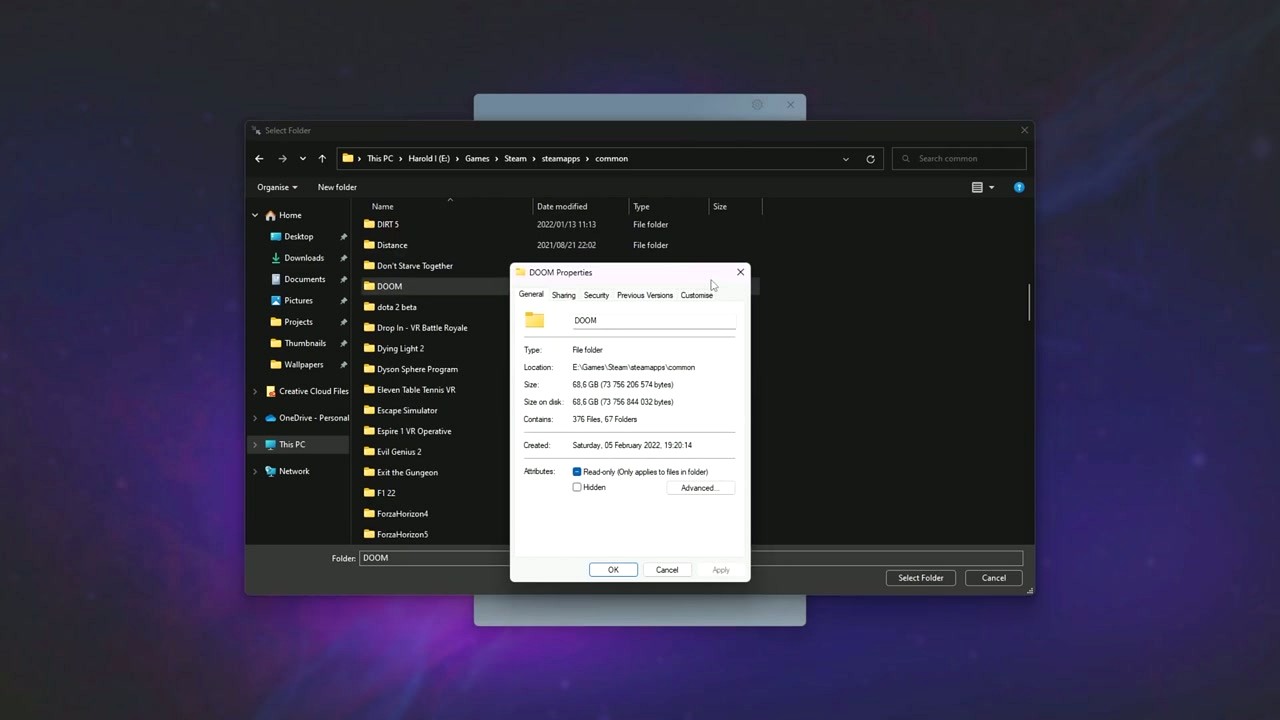 Game folder properties showing size before compression