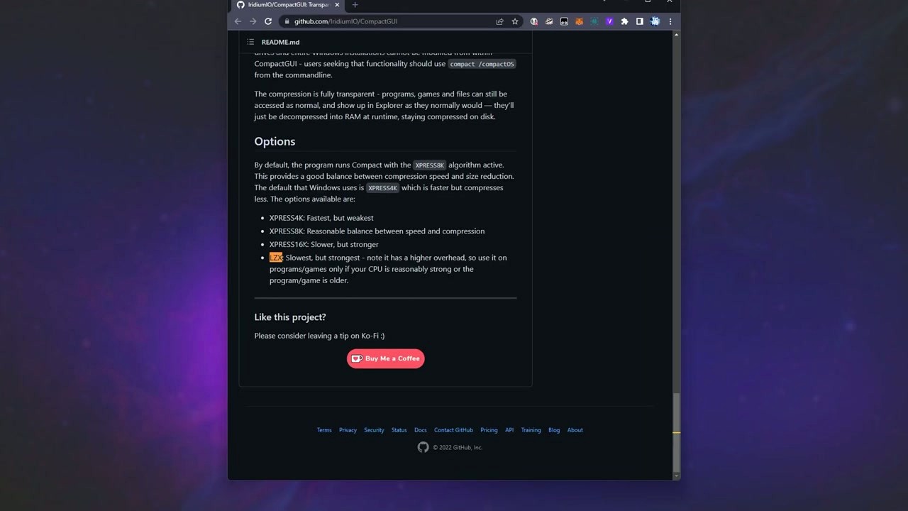 Compact GUI compression algorithm options - XPRESS4K, XPRESS8K, XPRESS16K, LZX